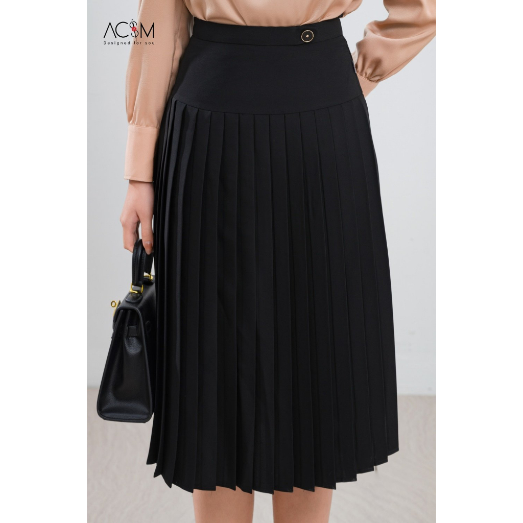 Chân váy dập ly đính cúc trang trí - Đen