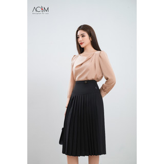 Chân váy dập ly đính cúc trang trí - Đen