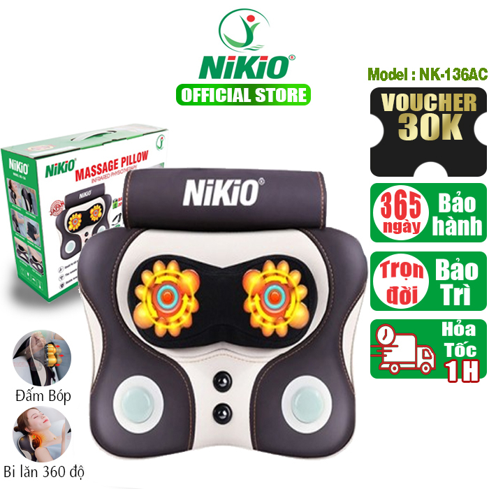 Gối Massage Cổ Vai Gáy Nikio NK-136AC Đấm Bóp, Massage Bi Lăn Chính Hãng - Dùng Được Trên Xe ÔTô