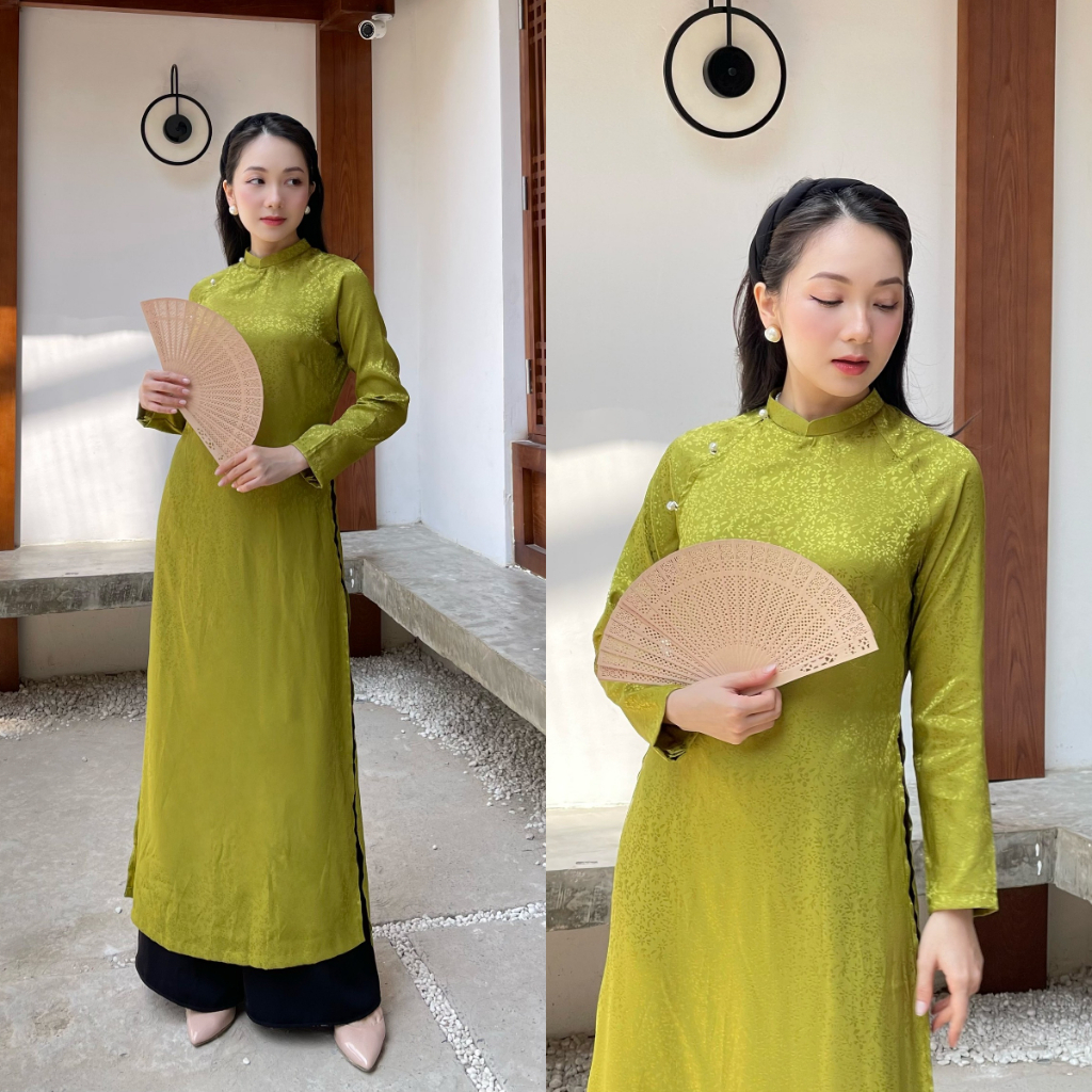 Áo dài truyền thống dáng suông vải hoa lá màu xanh bơ Minh Nguyệt AD415