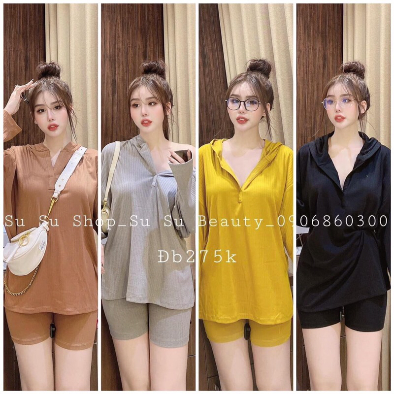 Set Bộ Thun Gân Nón Tay Dài Quần Ngố
