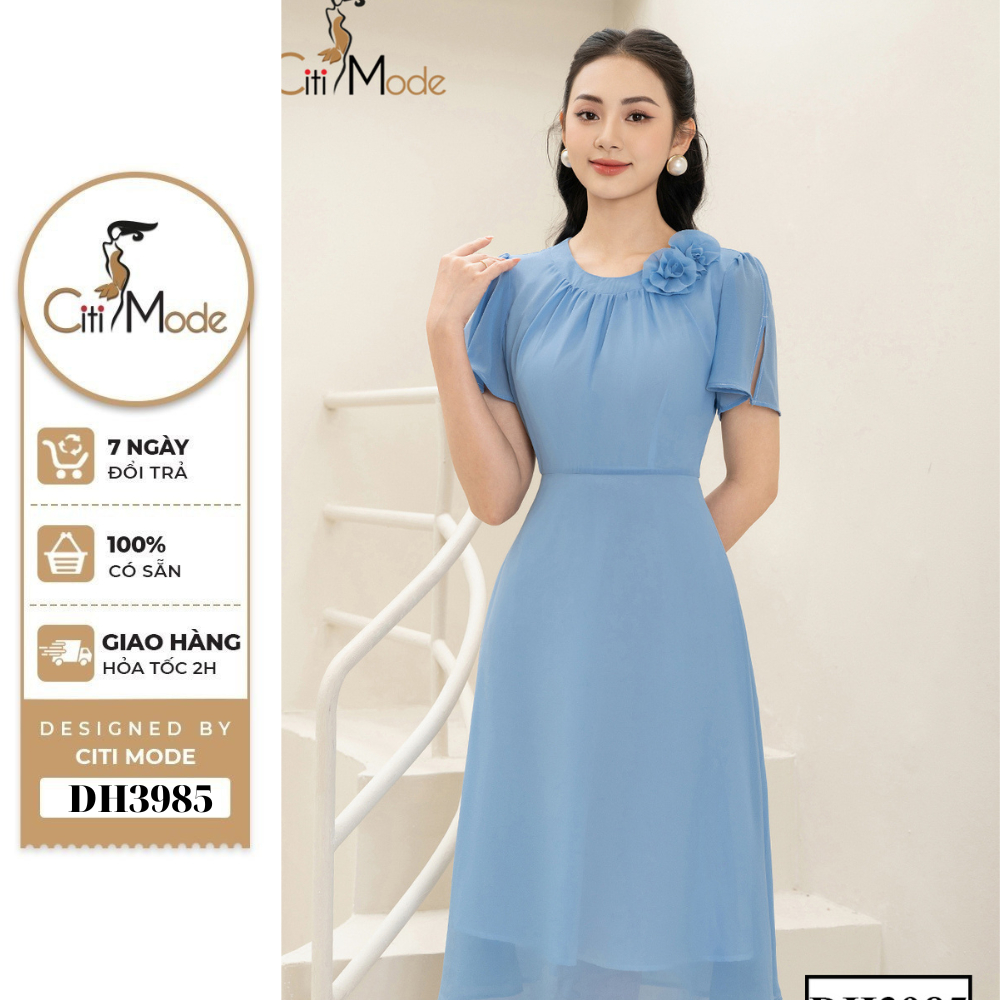 Đầm công sở CITI MODE FASHION thiết kế dáng xòe voan xanh cổ tròn đính hoa DH3985