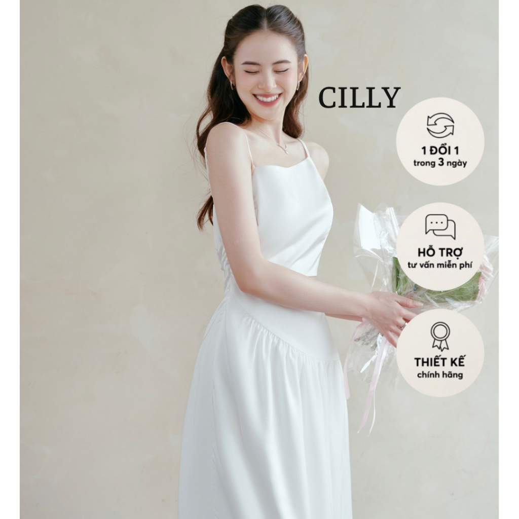 Váy lụa maxi hai dây cắt eo hai lớp đi biển thiết kế CILLY - V01