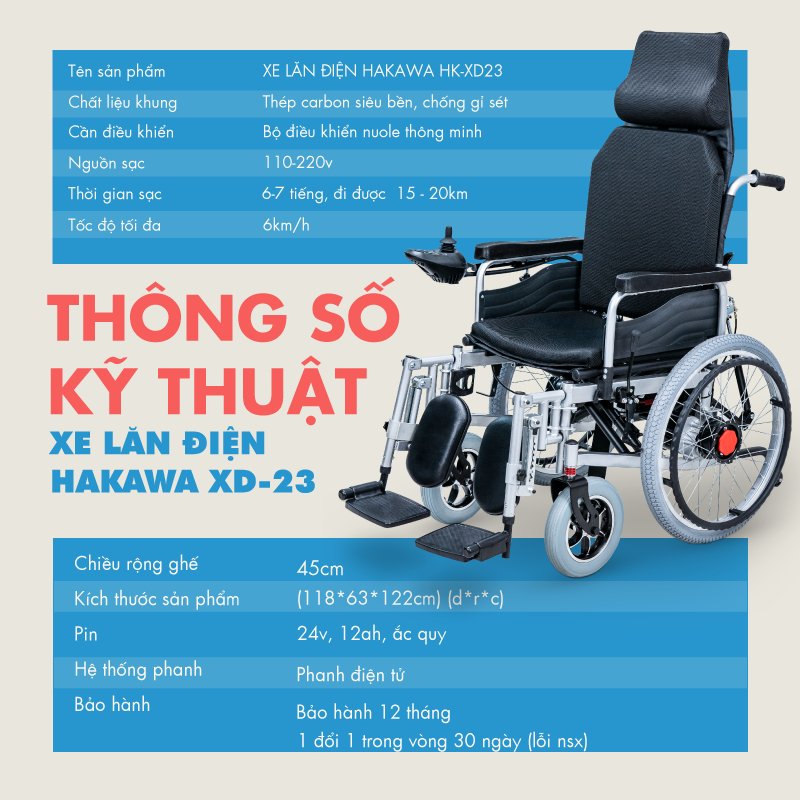 Xe lăn điện thông minh đa chức năng HAKAWA HK-XD23 - Ngã nằm thành giường tự động - Bảo hành chính hãng 12 tháng