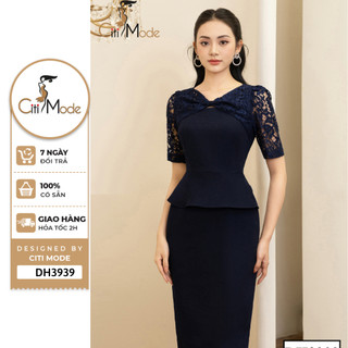 Đầm công sở citi mode fashion thiết kế dáng ôm peplum xanh than phối cổ ren dh3909