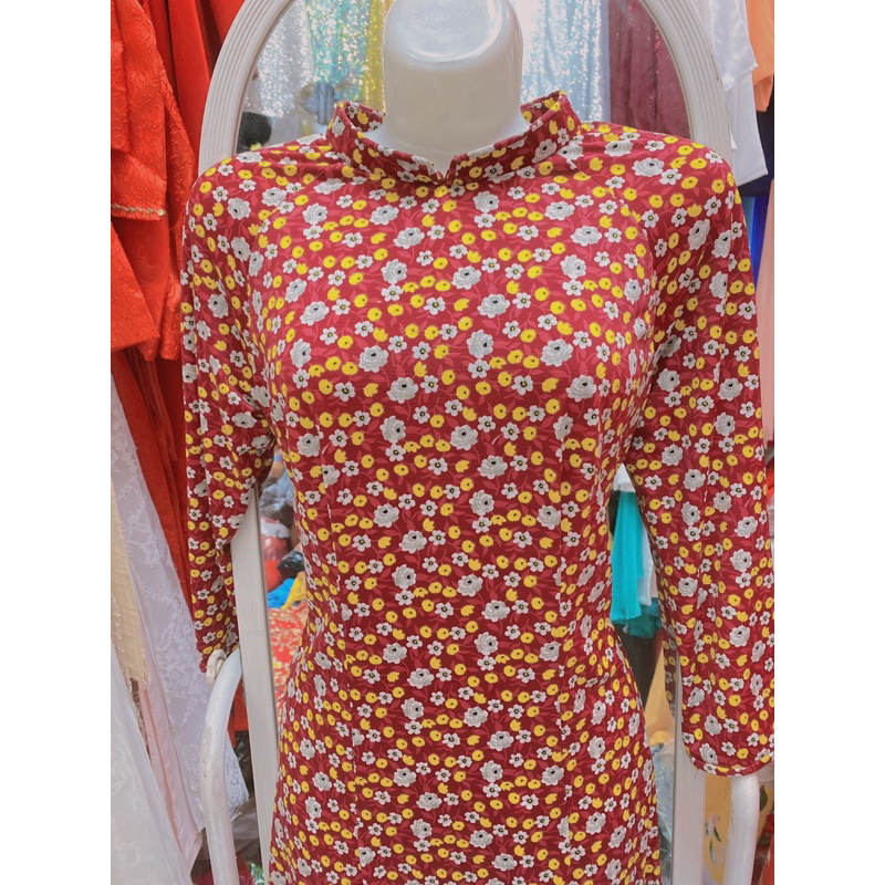 7T4.4 Áo dài hoa nhí thun siêu co dãn 4 chiều đỏ đô