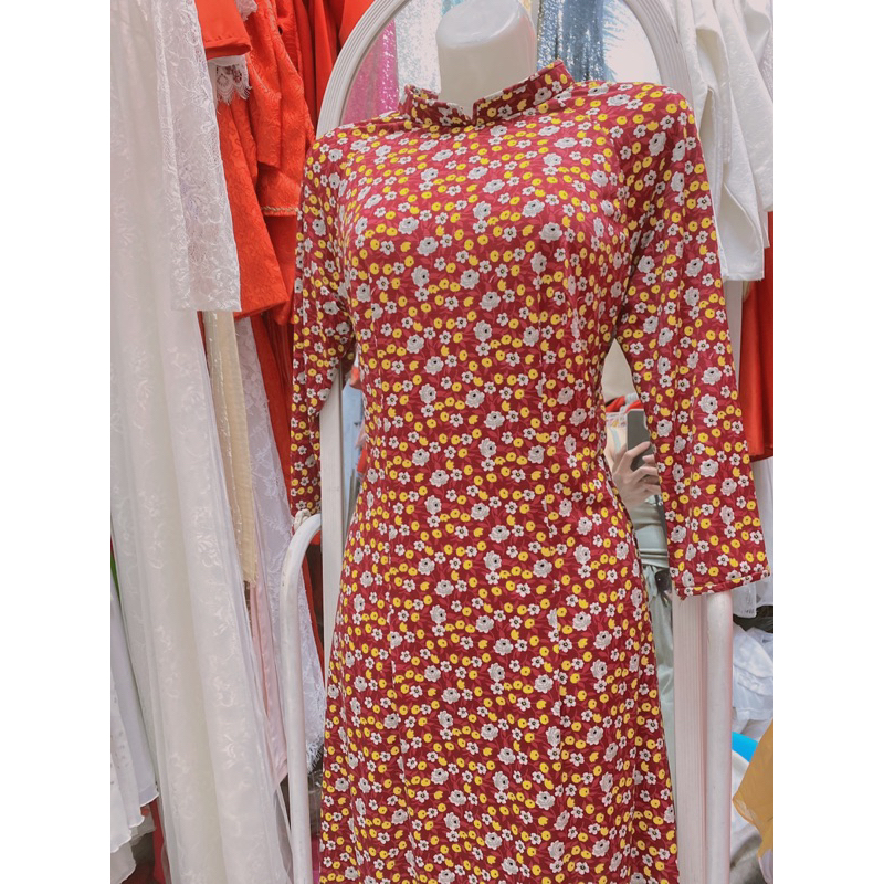 7T4.4 Áo dài hoa nhí thun siêu co dãn 4 chiều đỏ đô