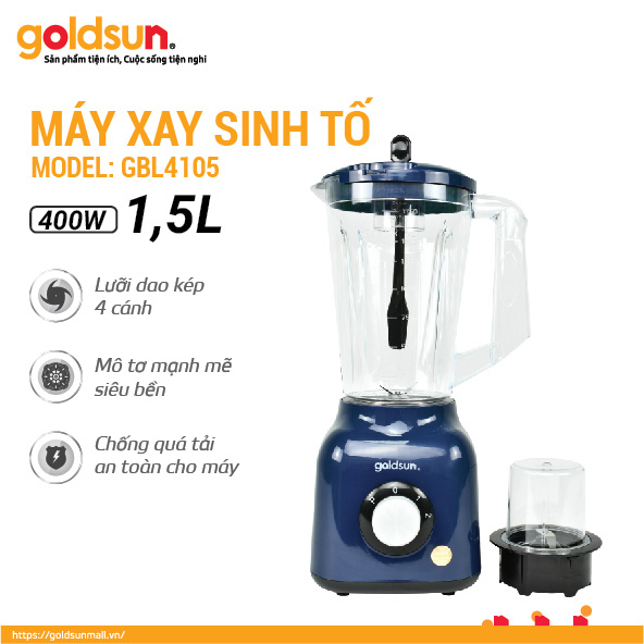 Máy xay sinh tố Goldsun công suất 400W, cối nhựa ABS lưỡi dao 4 cánh sắc bén GBL4105