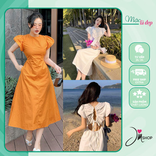 Váy maxi đi biển dáng dài xoè rút dây lưng, đầm maxi thiết kế hở lưng siêu xinh