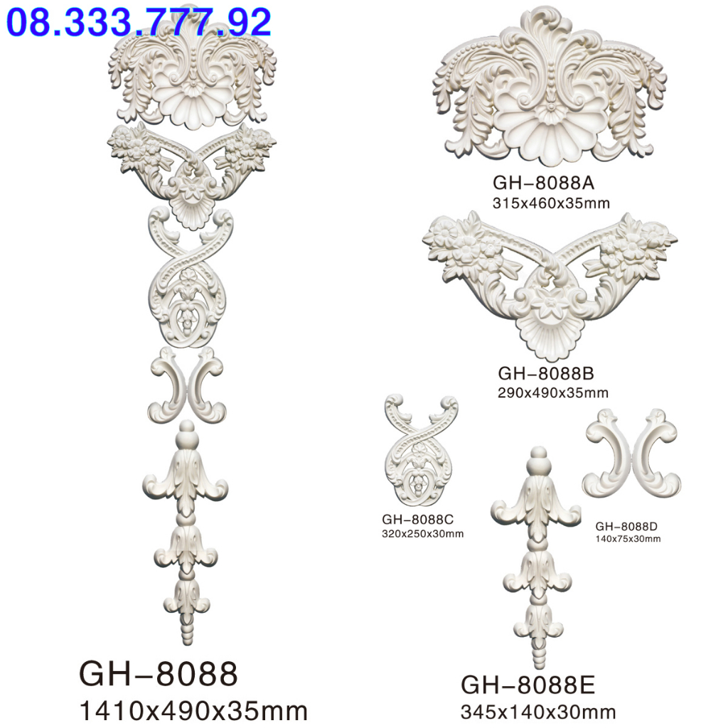 Phù điêu, họa tiết hoa góc cạnh trang trí trần, tưởng, chất liệu PU siêu bền, mã GH 8088A, 8088B, 8088C, 8088D, E