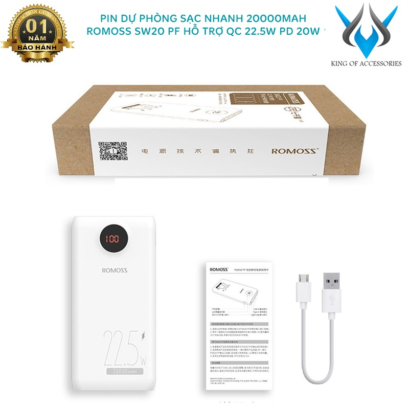 Pin Dự Phòng Romoss PSW20PF Sạc Nhanh 22.5W dung lượng 20.000mAh Dung Lượng Lớn, Tốc Độ Sạc Nhanh ( bảo hành 6 tháng )