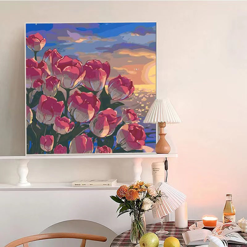 Tranh tô màu theo số Tranh sơn dầu số hoá hình hoa xinh xắn có khung，Mang theo khung, kích thước 20*20cm/30*30cm/30*40cm