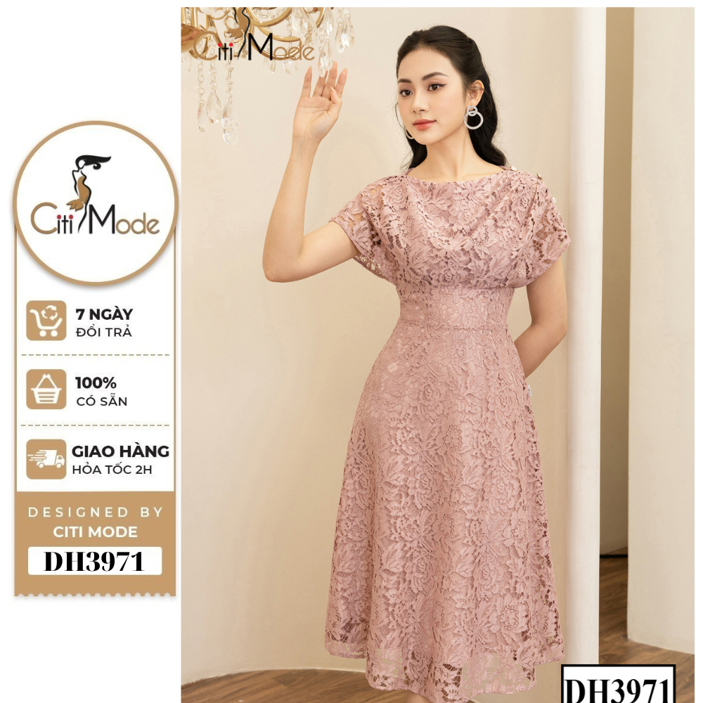 Đầm công sở CITI MODE FASHION thiết kế dáng xòe ren hồng cổ thuyền DH3971