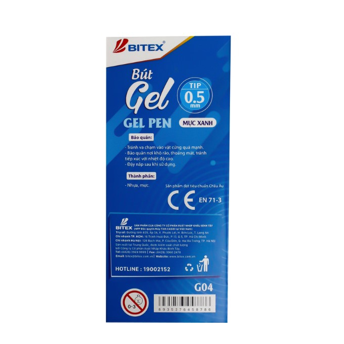 Combo 2 chiếc Bút gel Bitex G04 Nét 0.5mm Mực xanh dương