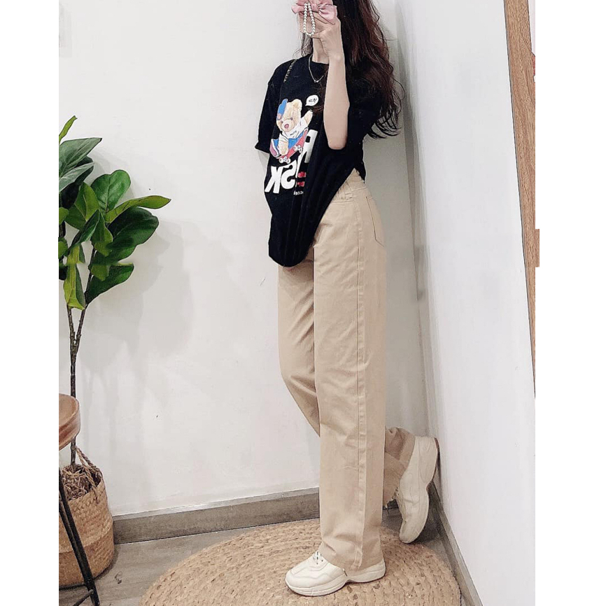 Quần Kaki Jean Suông Ống Rộng Kem - Leda