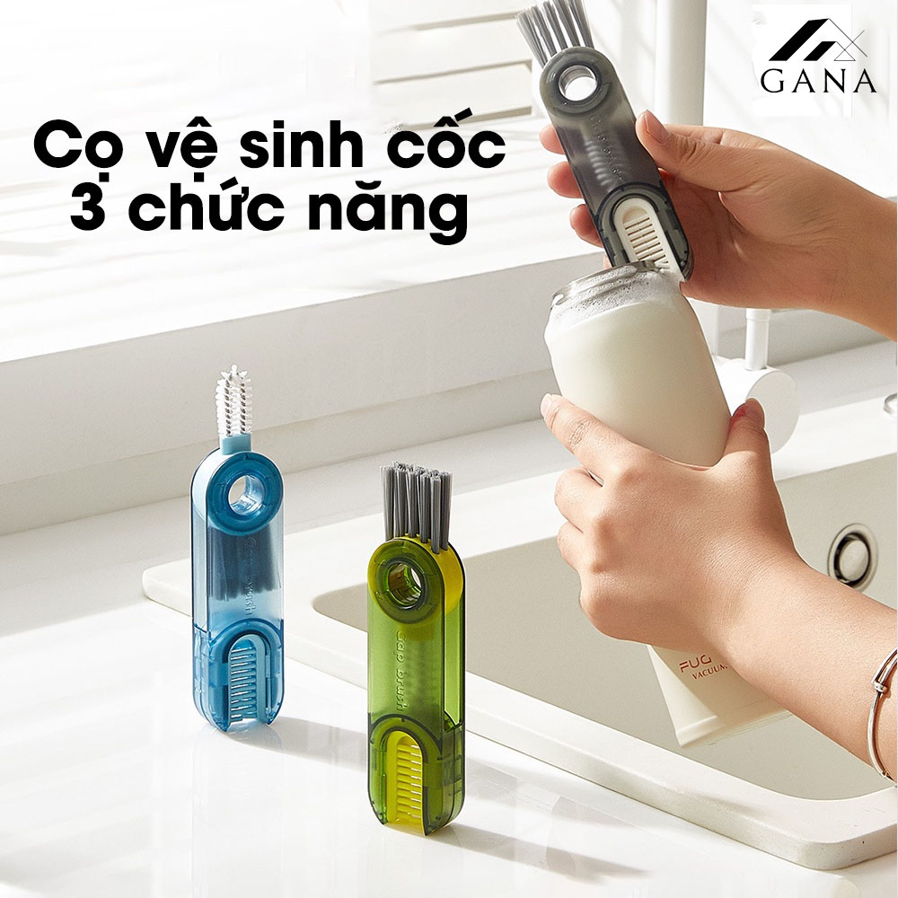 Cọ vệ sinh đa năng, dụng cụ vệ sinh cốc, bình sữa, bình nước xoay 360, 3 đầu chức năng GANA