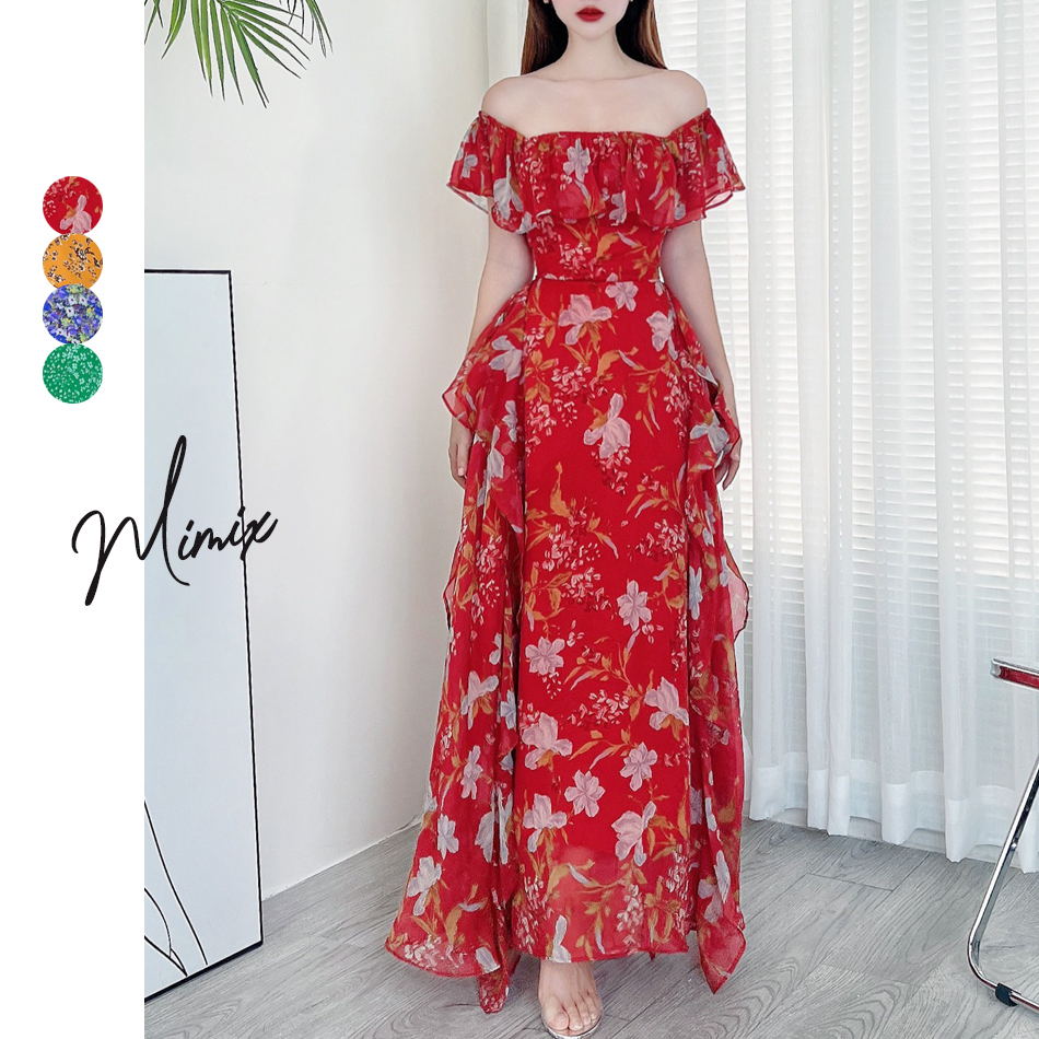 Đầm maxi nữ hoa bèo dọc đuôi cá có thắt eo MIMIX CE5265