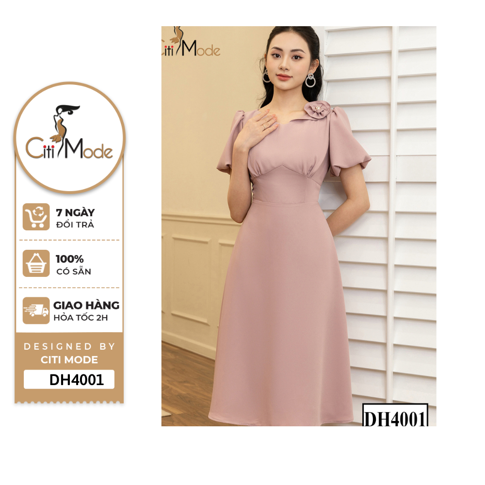 Đầm công sở CITI MODE FASHION thiết kế dáng xòe hồng cổ V đính hoa ngực DH4001