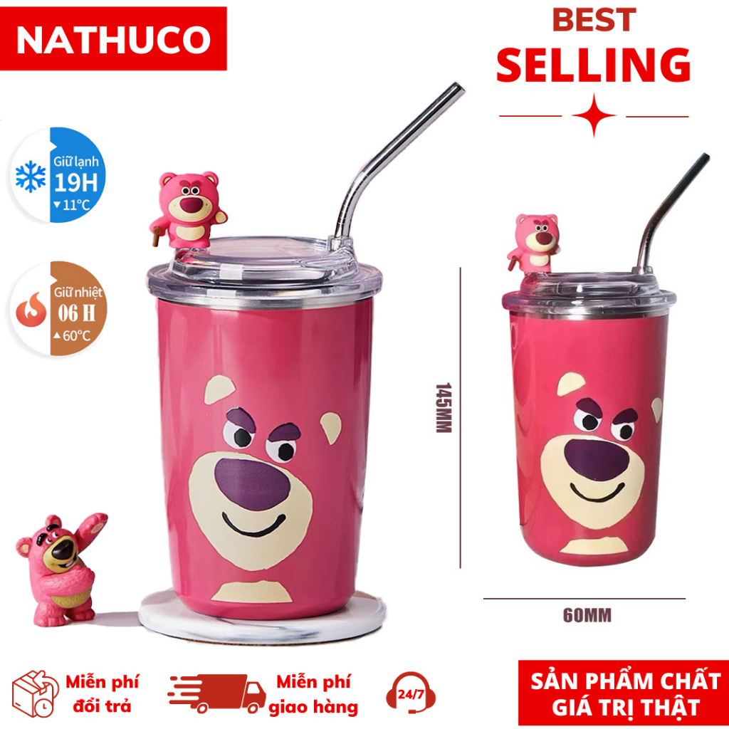 Ly GiỮ Nhiệt, Cốc giữ nhiệt họa tiết gấu dâu lõi inox 304 thiết kế có nắp chống tràn dung tích 450ml