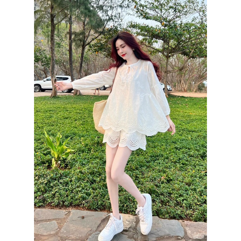 SET ÁO BBD XÔ REN CỘT NƠ KÈM SHORT TRẮNG