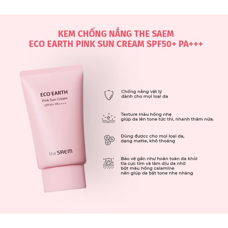 Kem Chống Nắng Nâng Tông Sáng Hồng Ngăn Ngừa Tia UV The Saem Eco Earth Sun Cream SPF 50++ 50g Hàn Quốc