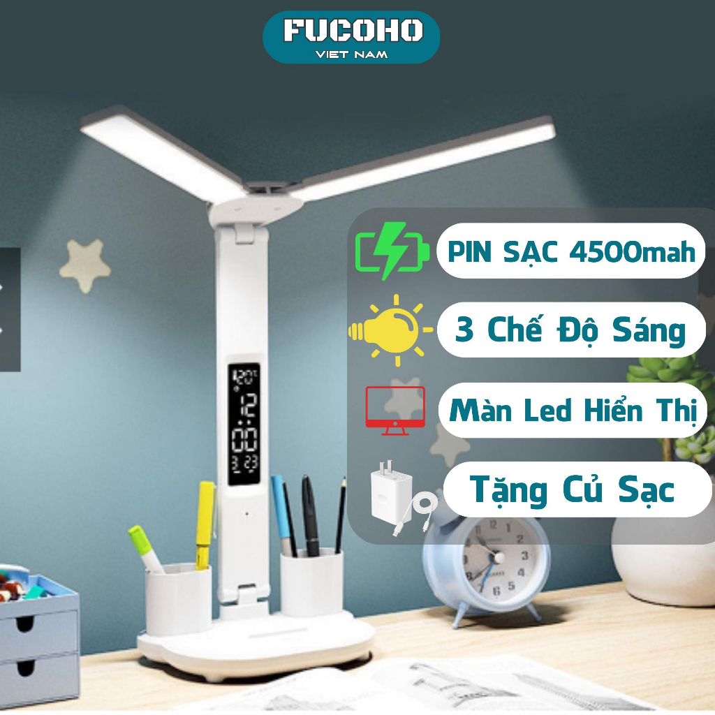 Đèn bàn học chống cận để bàn LED 3 chế độ đọc sách, máy tính, làm việc, màn hình LCD, tích hợp pin sạc, bảo hành 3 năm