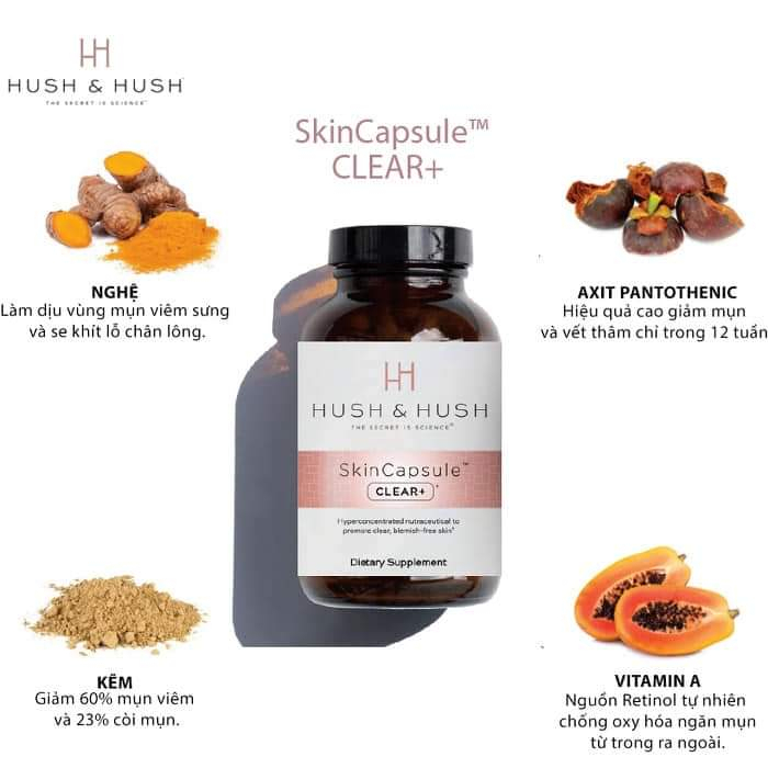 Hàng công ty - Viên uống giúp giải quyết triệt để vấn đề da mụn Hush & Hush SkinCapsule Clear 60 viên