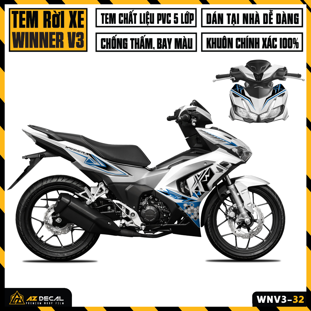 Tem Xe Winner V3 | WNV3-32 | Team Decal Hình Dán Winner X 150 2022 Đen Đỏ Trắng Xám Chống Nước Bền Màu