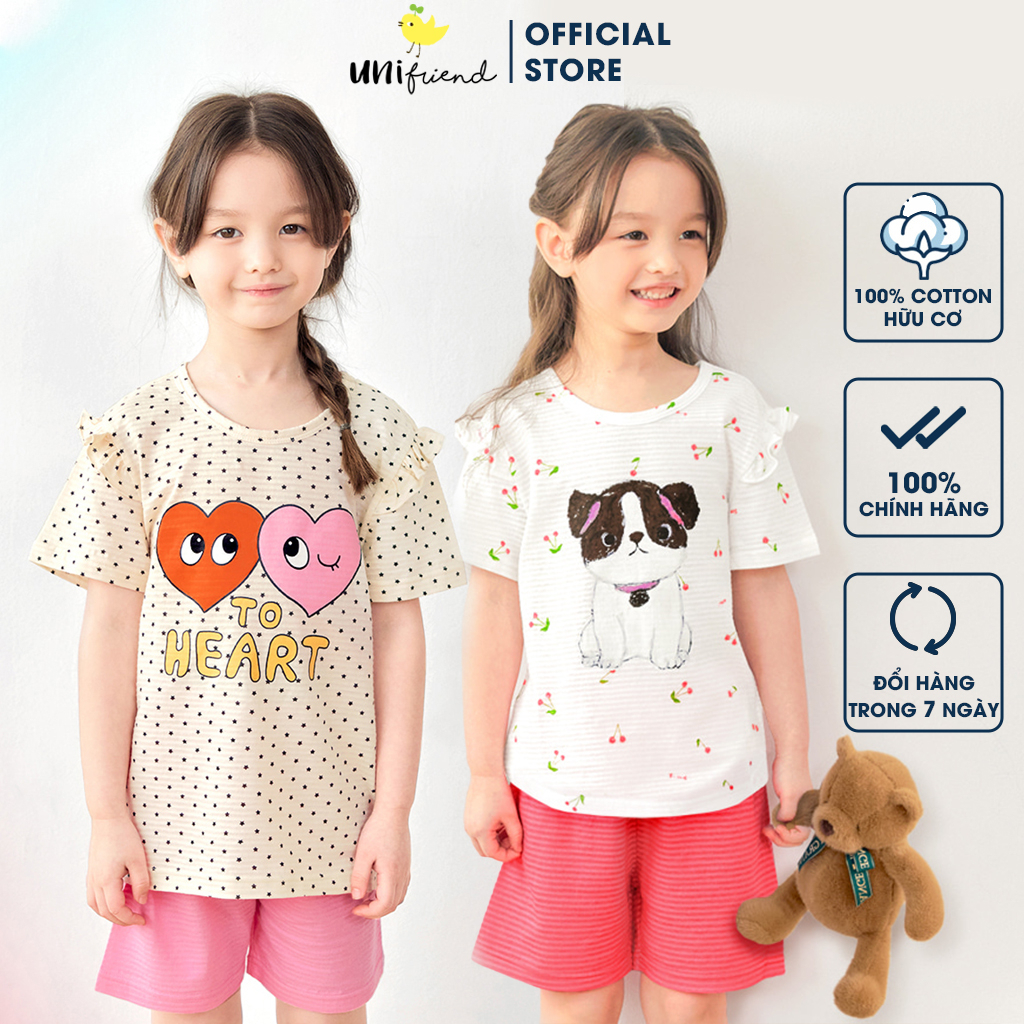 Đồ bộ quần áo thun cotton dành cho bé trai, bé gái mặc nhà mùa hè Unifriend Hàn Quốc U2023-30. Size đại 5, 6, 8, 10 tuổi