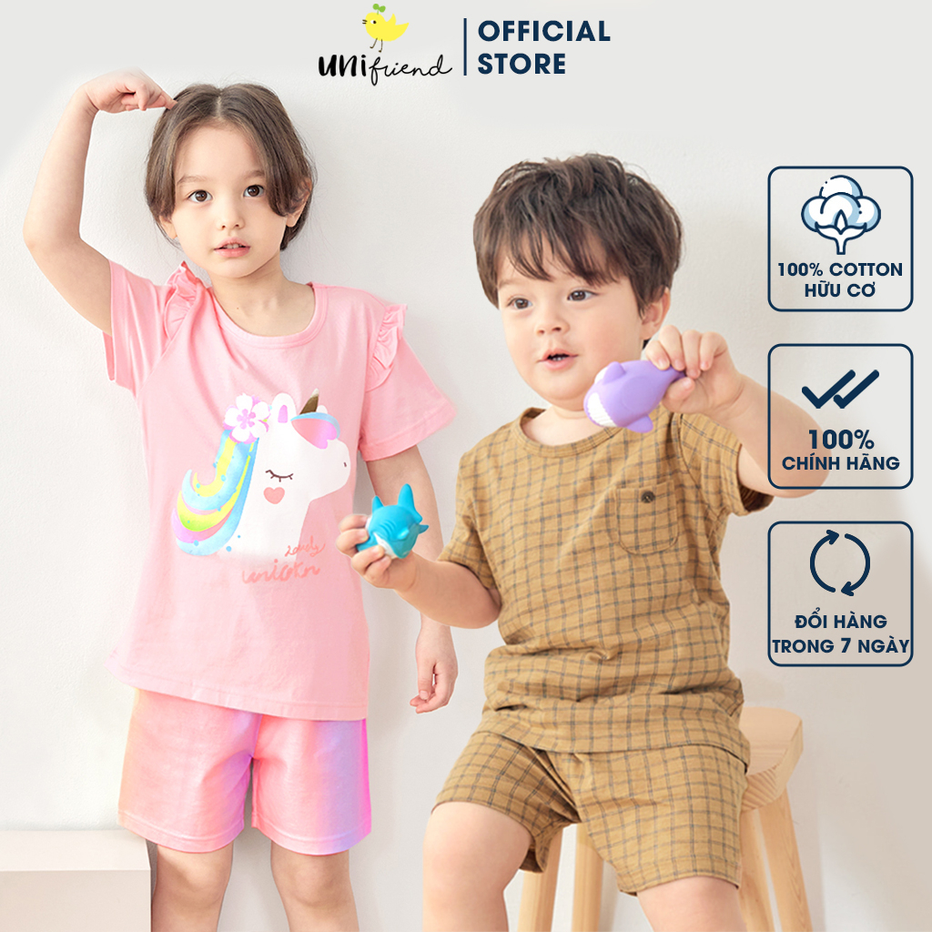 Đồ bộ quần áo thun cotton giấy cho bé trai, bé gái mặc nhà mùa hè Unifriend Hàn Quốc U2023-29. Size đại 5, 6, 8, 10 tuổi