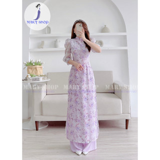 Áo dài cách tân thời trang tay bồng lowxhoa hồng tím mộng mơ trẻ trung