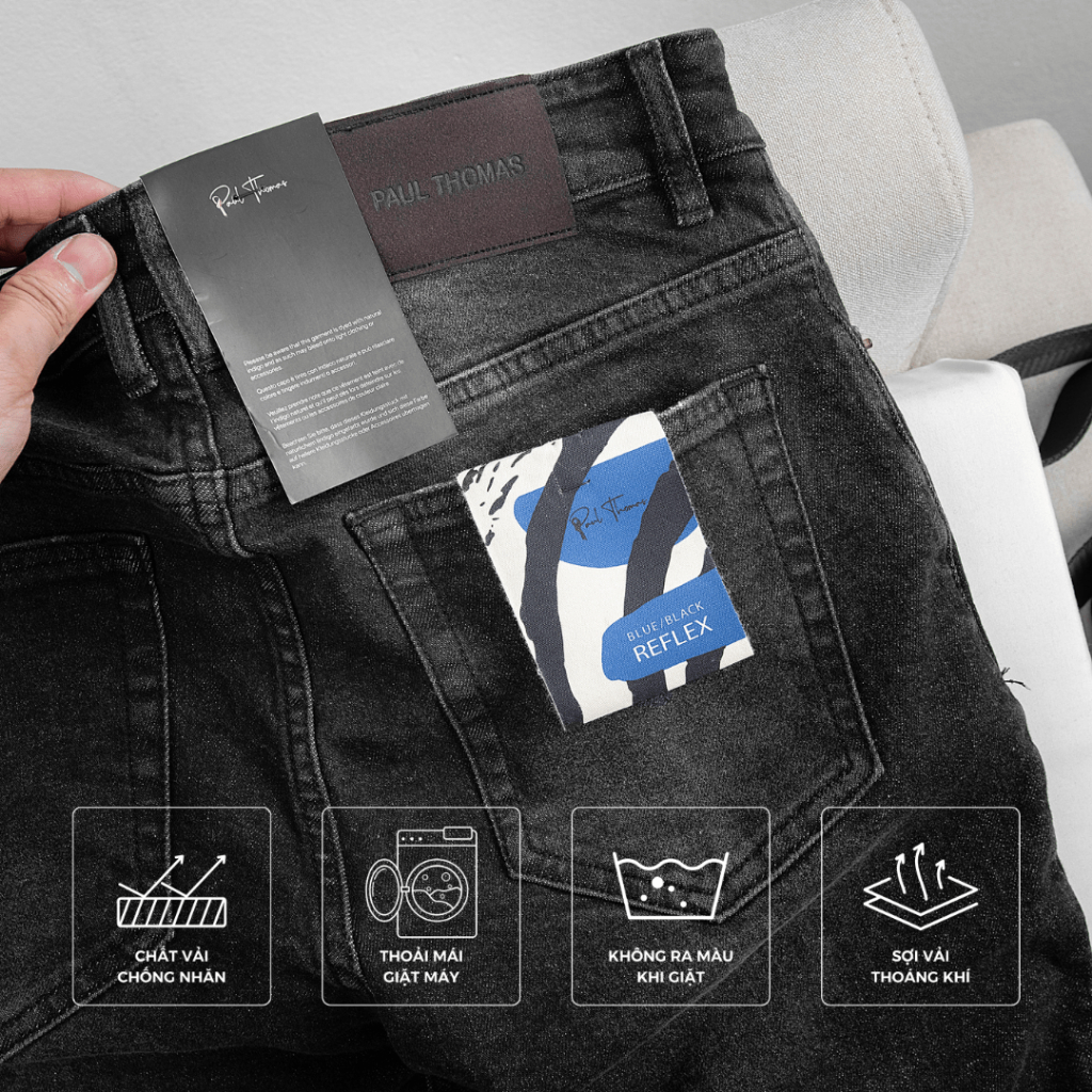 Quần jean nam PAUL THOMAS cao cấp, chuẩn form slim fit, màu đen chỉ vàng
