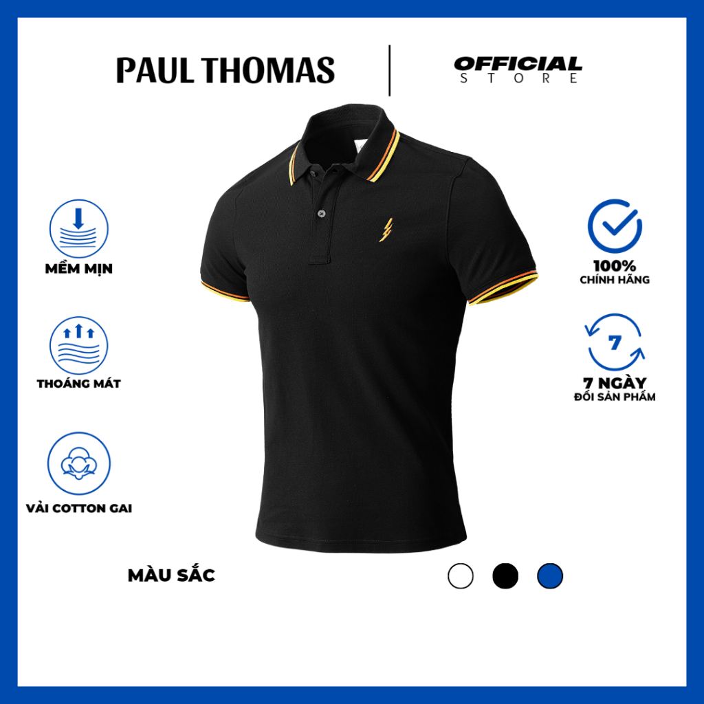 Áo polo cộc tay nam cotton gai, dáng slim ôm gọn người, hình thêu tia sét sắc nét, vải thấm hút mồ hôi - PAUL THOMAS