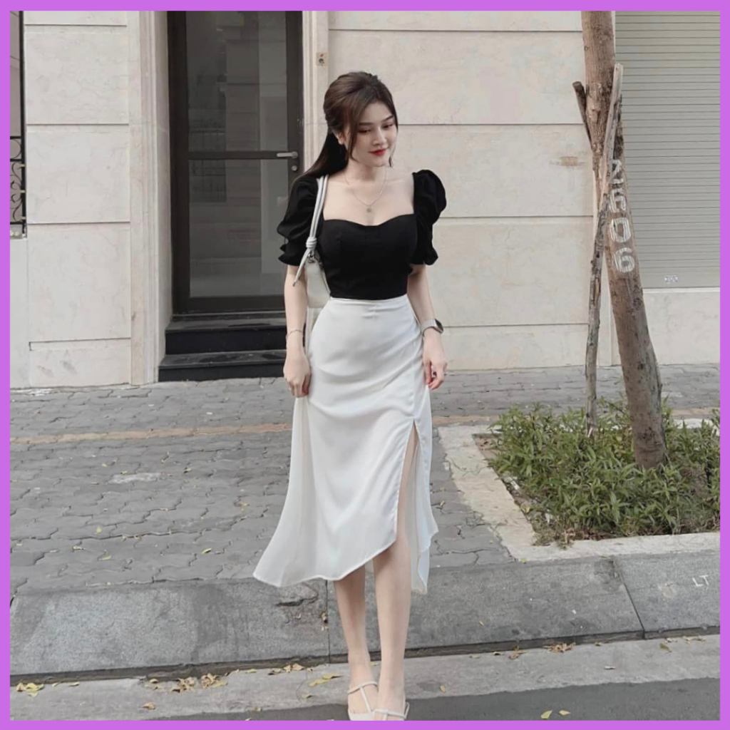 Set áo kiểu mix chân váy xẻ tà hàng thiết kế mặc cực tôn dáng