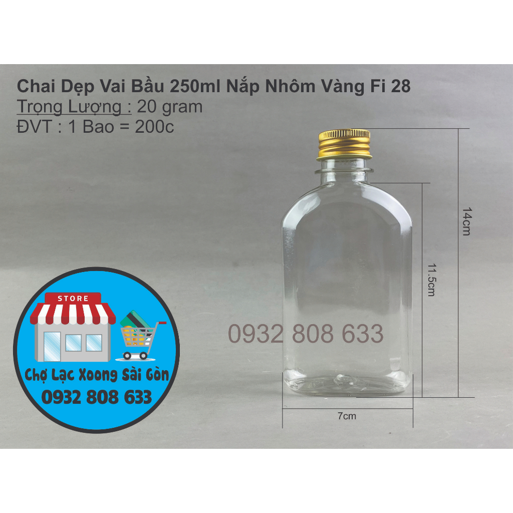 Combo 50 Chai Nhựa Dẹp Vai Bầu 250ml Nắp Nhôm Vàng Fi 28