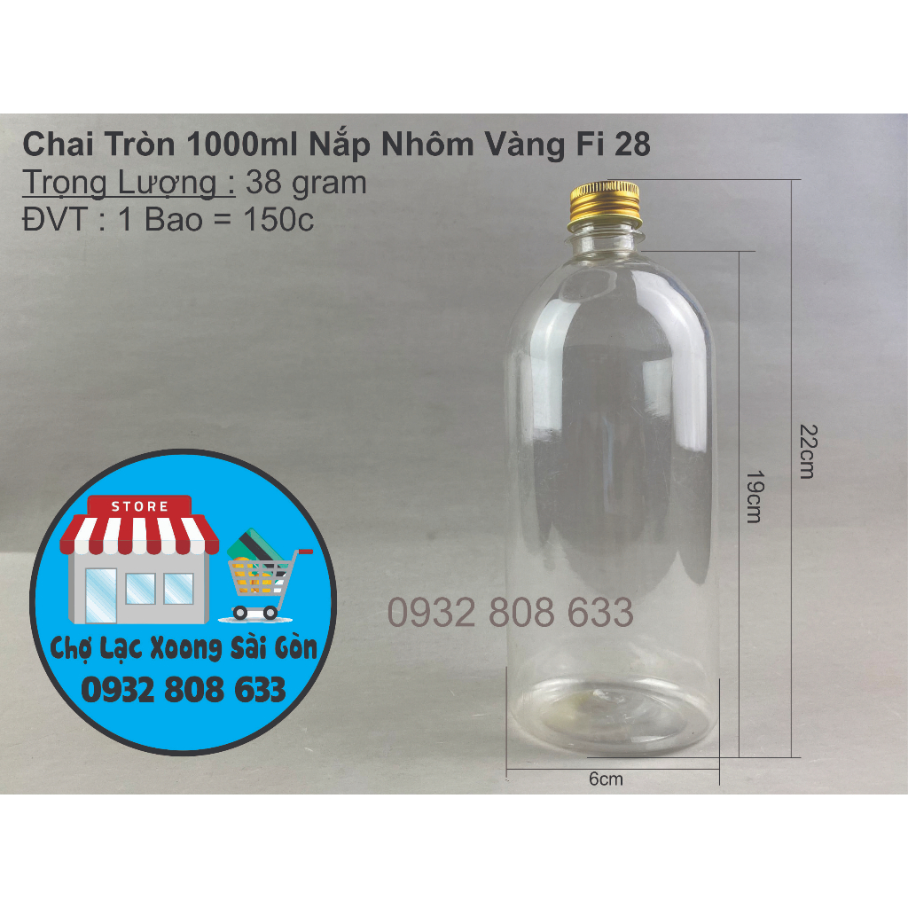 Combo 50 Chai Nhựa Tròn 1000ml Nắp Nhôm Vàng Fi 28