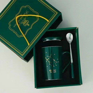 Cốc sứ cung hoàng đạo cao cấp màu xanh 400ml, ly uống nước có nắp đậy phù hợp quà tặng, decor