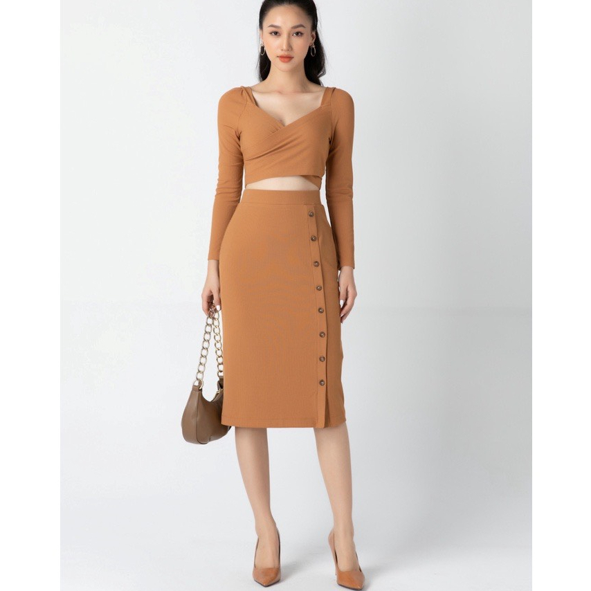 Set áo thun nữ gân áo 2hand dáng croptop và Chân váy bút chì vải thun gân IVY moda (Có bán rời)