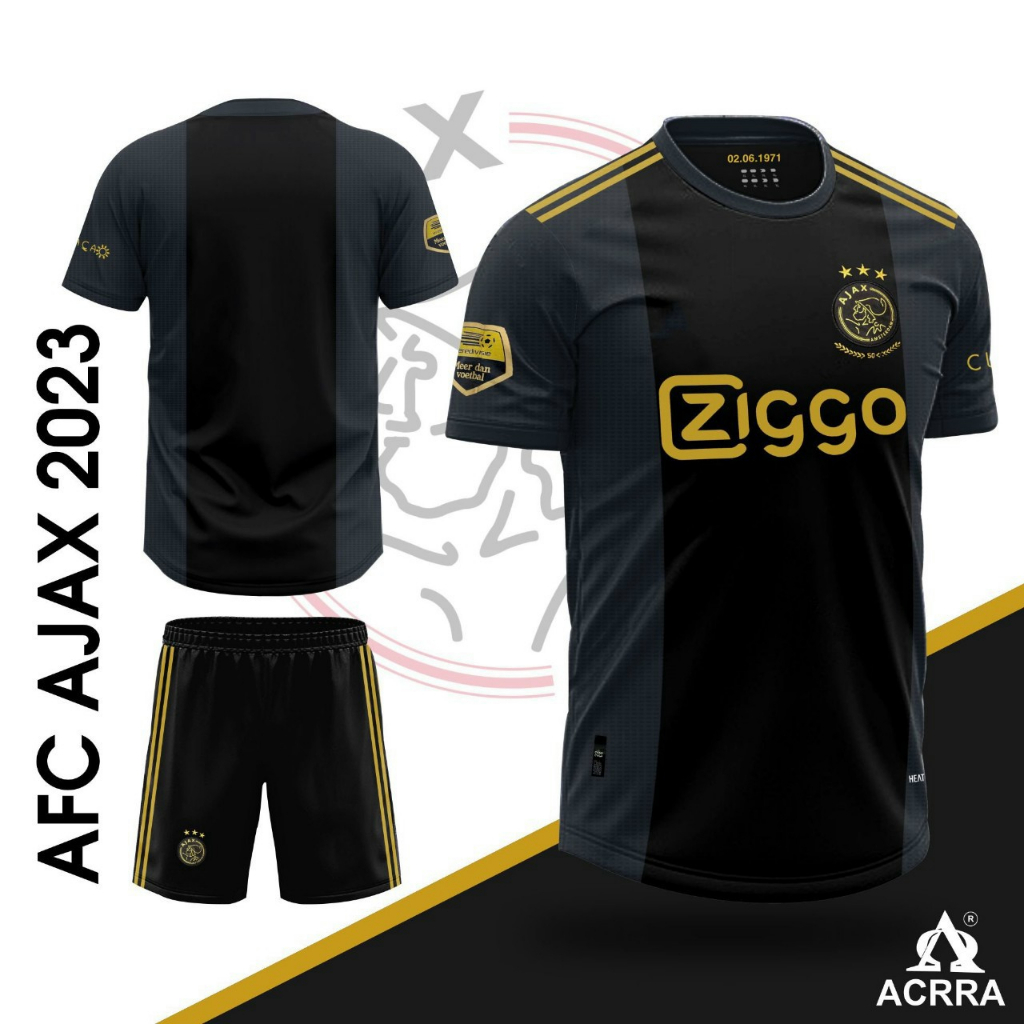 Bộ quần áo đá bóng câu lạc bộ ajax đen ziggo vàng lgo thêu vải gai thái 2023