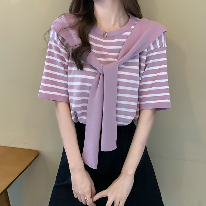 (HÀNG SẴN) Aó thun tay ngắn basic kèm dây thắt nơ cổ, Áo len dệt tăm đẹp freesize