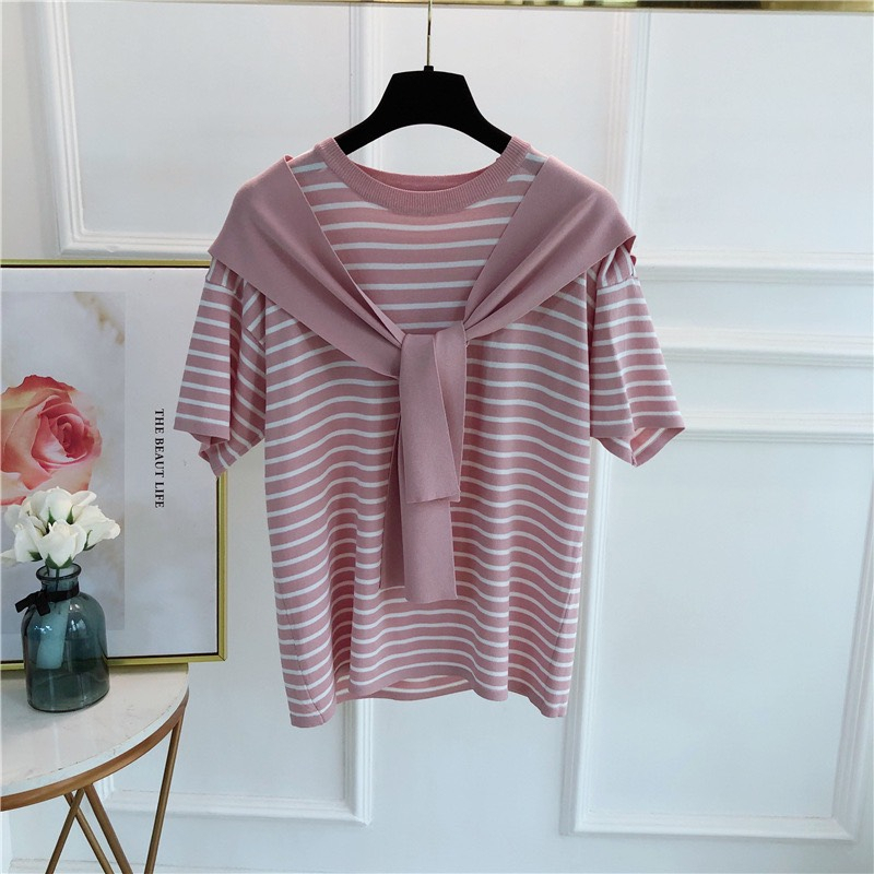 (HÀNG SẴN) Aó thun tay ngắn basic kèm dây thắt nơ cổ, Áo len dệt tăm đẹp freesize