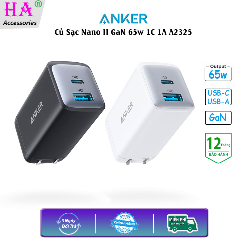 Củ Sạc Anker 2 Cổng 725 GaN II 65w A2325, 1 USB-A , 1 USB-C Sạc Nhanh PD PPS QC Cho Laptop Điện Thoại Máy Tính Bảng
