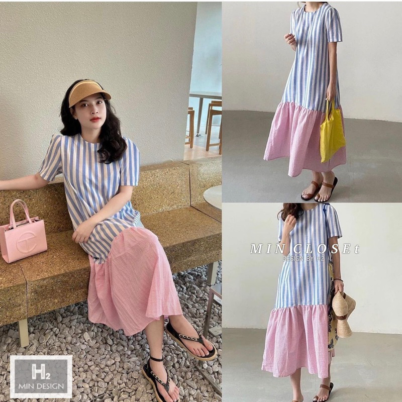 Váy BBD Linen Kẻ Sọc Viền Hồng MIN • Melanie Boutique