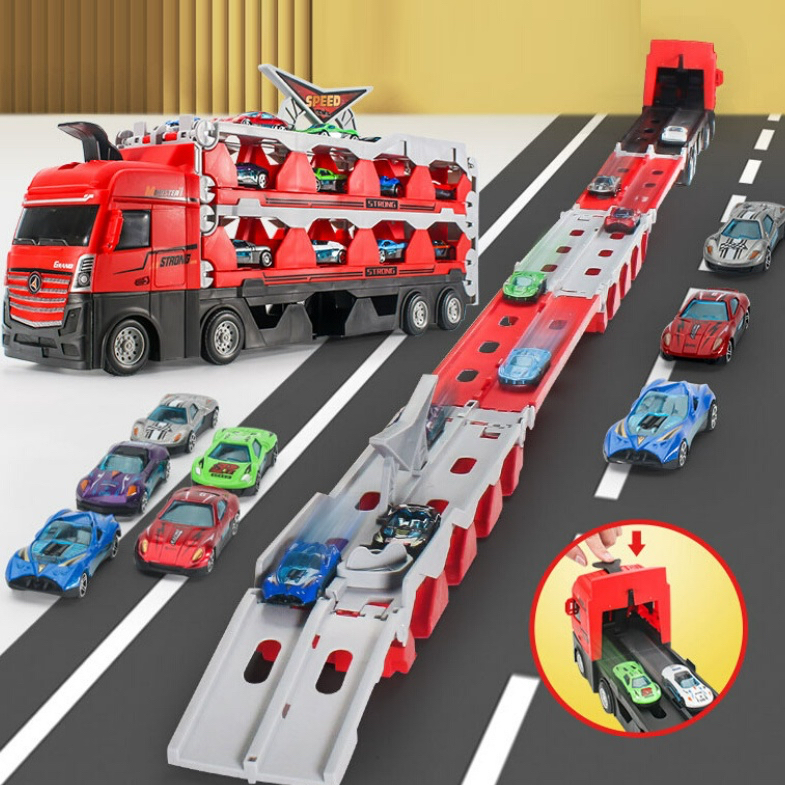 Đồ chơi xe tải #X_truck 3 tầng biến hình lắp ghép thành đường đua dài 2m kèm nhiều ô tô hợp kim kích thước lớn cho bé