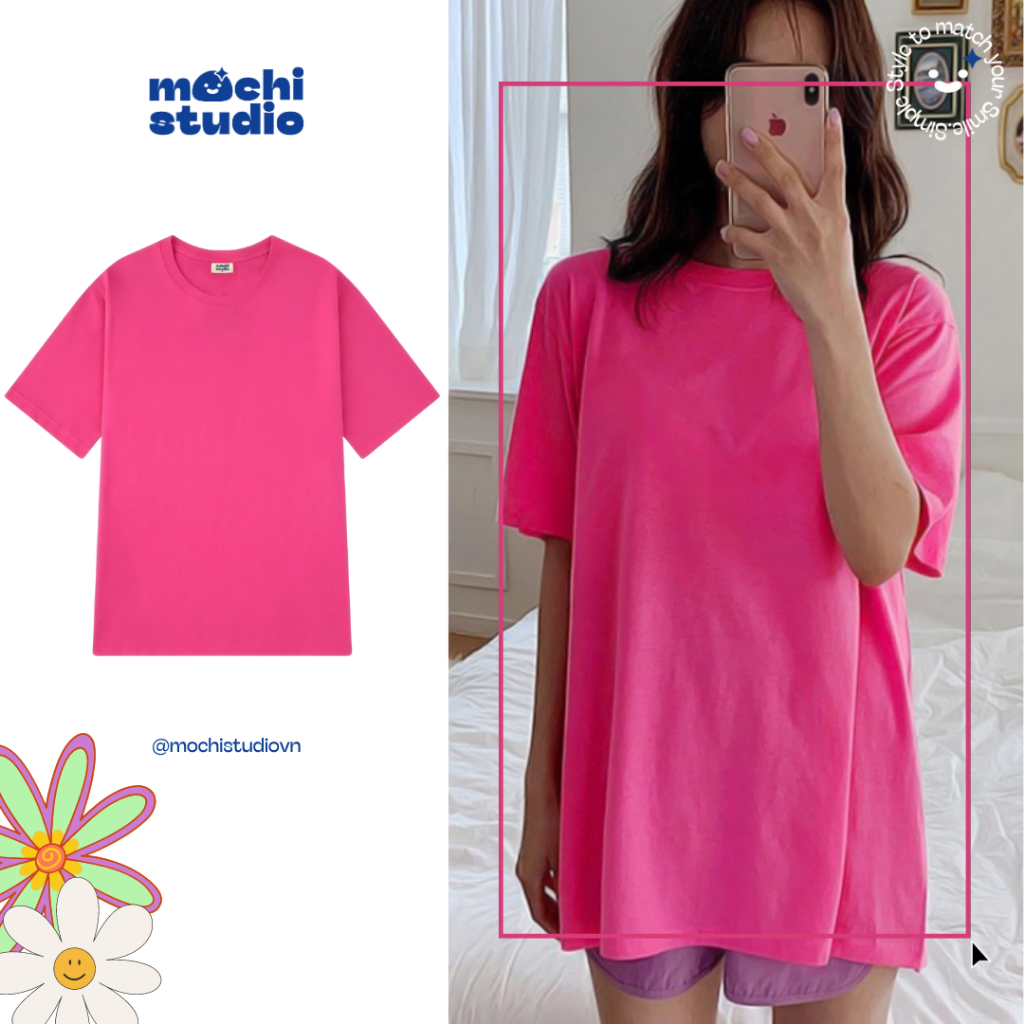 Áo thun cotton hồng đậm trơn tay lỡ form rộng đẹp oversize chất vải cotton Mochi basic tee