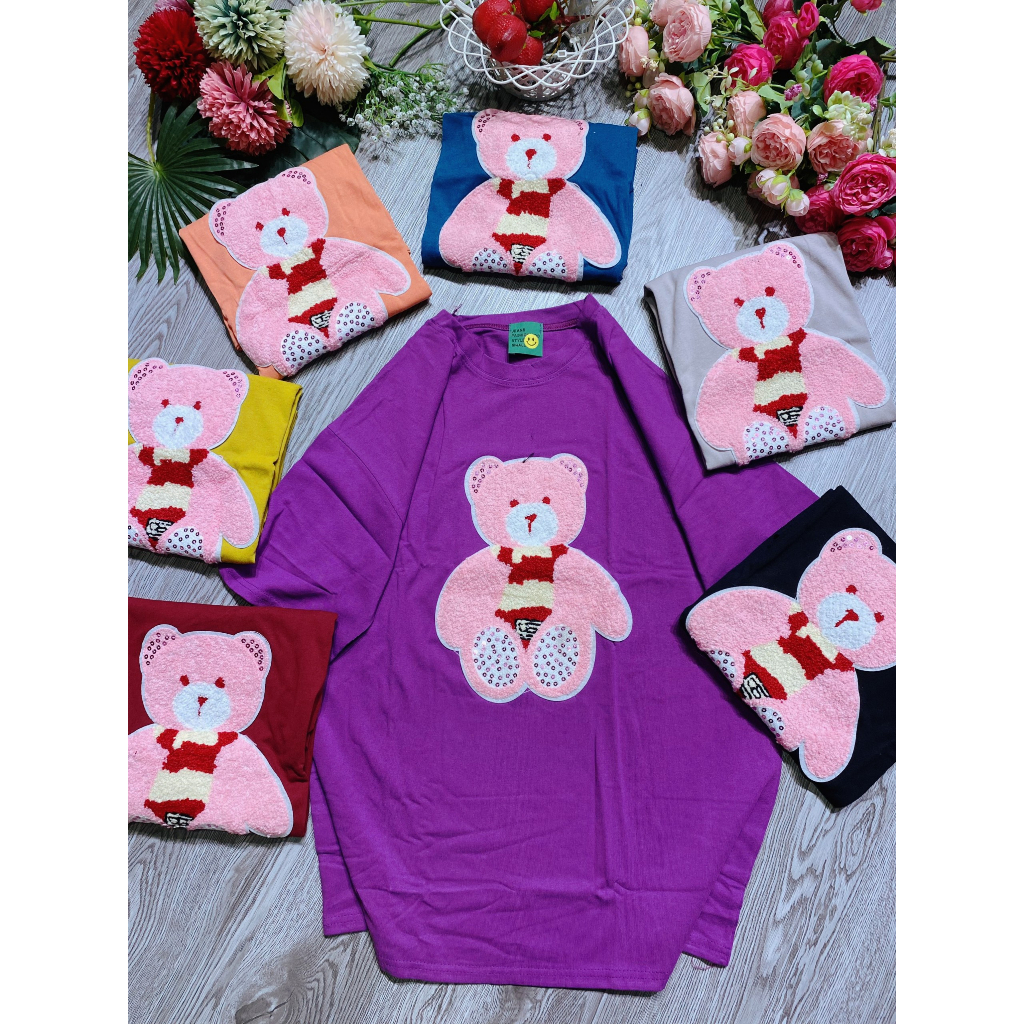 Áo thun form rộng tay lỡ nữ 3158 cổ tròn đáp thêu giá rẻ unisex in hình gấu hồng dễ thương nhiều màu siêu hot