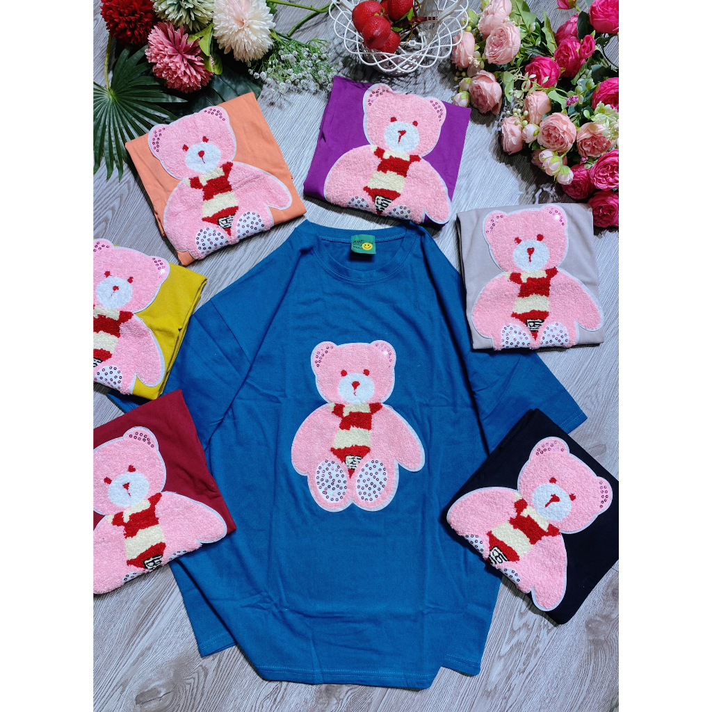 Áo thun form rộng tay lỡ nữ 3158 cổ tròn đáp thêu giá rẻ unisex in hình gấu hồng dễ thương nhiều màu siêu hot