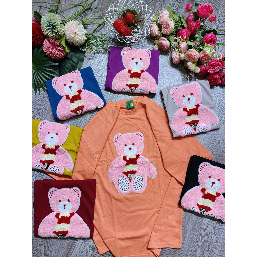 Áo thun form rộng tay lỡ nữ 3158 cổ tròn đáp thêu giá rẻ unisex in hình gấu hồng dễ thương nhiều màu siêu hot