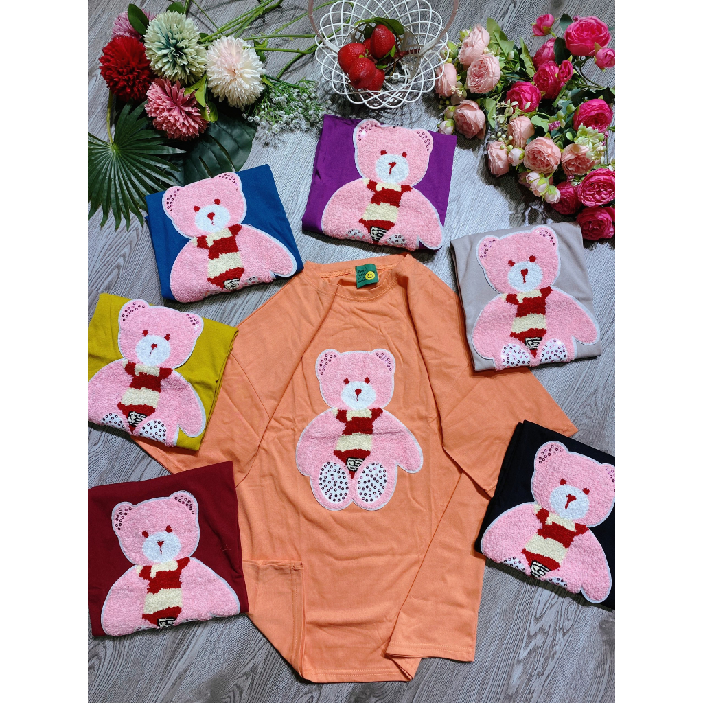 Áo thun form rộng tay lỡ nữ 3158 cổ tròn đáp thêu giá rẻ unisex in hình gấu hồng dễ thương nhiều màu siêu hot