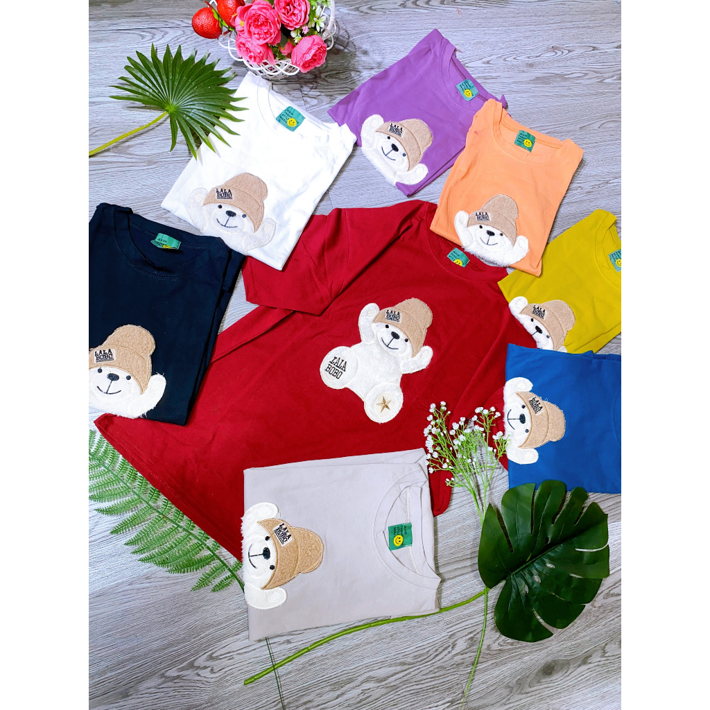Áo thun form rộng tay lỡ nữ 3158 cổ tròn đáp thêu giá rẻ unisex in hình gấu nón len dễ thương nhiều màu siêu hot hit